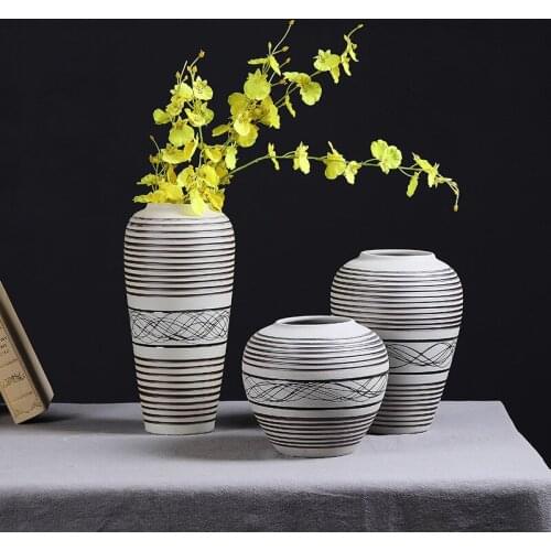 Simple Modern Design Brown White Vase Black Lines Ceramic Flower Pot Handmade for Home Decoration