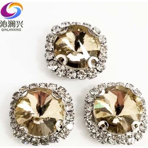 Round shape top glass crystal rhinestones with hole,Light coffee Silver bottom sew on stone for Diy Clothing accessories SWWK04
