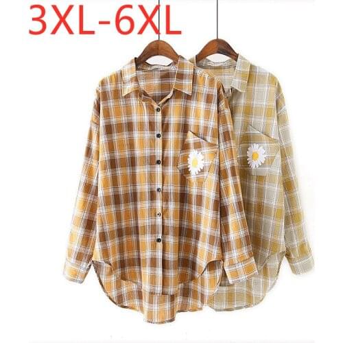 New 2021 Ladies Spring Autumn Plus Size Top For Women Large Long Sleeve Loose Yellow Pocket Cotton Plaid Shirt 3XL 4XL 5XL 6XL