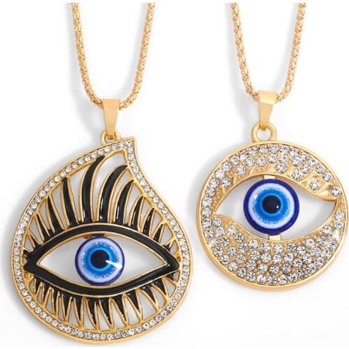 Charm Jewellery Large Evil Eye Necklace Hip Hop Fashion Necklace Gold Alloy Rhinestone Drop Shape Necklaces for Women Jewelry