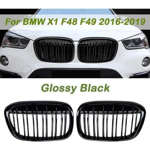 1Pair ABS Dual Slat Car Front Bumper Grills Kidney Grille For BMW X1 F48 F49 2016-2019 Glossy Black 51117383363 51117383364