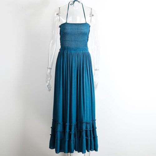 PERHAPS U Blue Coral Red White Black Khaki Strap Sleeveless Backless Maxi Ruffle Halter Summer Beach Sexy Boho Dress D0218