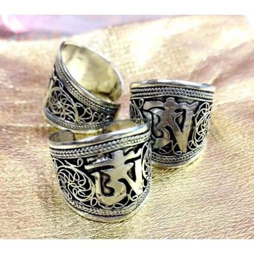 Excellent 10pcs Old Tibet Silver Ring Om Mani Padme Hum Mantra Buddhism Nepal Ring Adjustable Free Shipping Party Unisex Gift