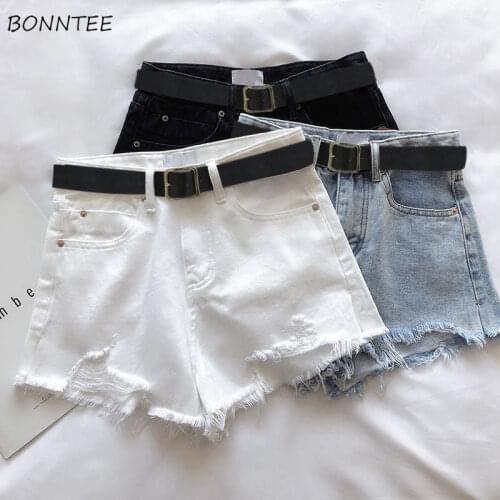 Shorts Women Retro Distressed Summer All-match Korean Leisure Students Denim Ripped Washed High-waist Button-fly Female Chic Ins