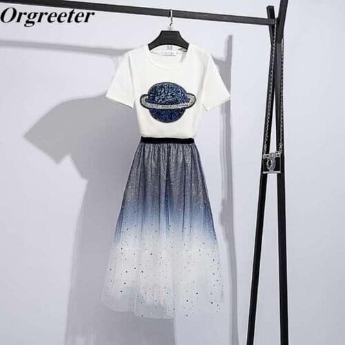 2019 New Summer Womens Sequined Planet Pattern Short Sleeve Tshirt and Gradient Sequined Mesh Mid Calf Skirts Two piece Set