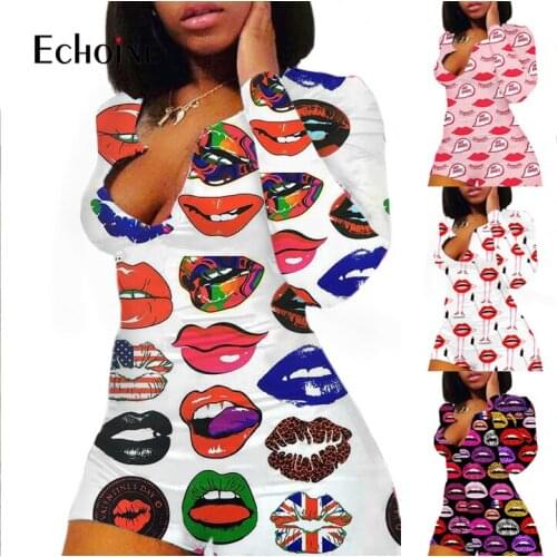Echoine 2021 Women Sexy adult Onesies Jumpsuit Sleepwear Lip Print pajamas Shorts Long sleeve V Neck Bodycon Bodysuit Rompers