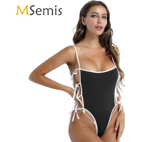 Womens Lace-up Sides Swimsuit One-piece Swimwear Hollow Out Strappy Lingerie Bodysuit Spaghetti Strap Bathing Suit Clothes