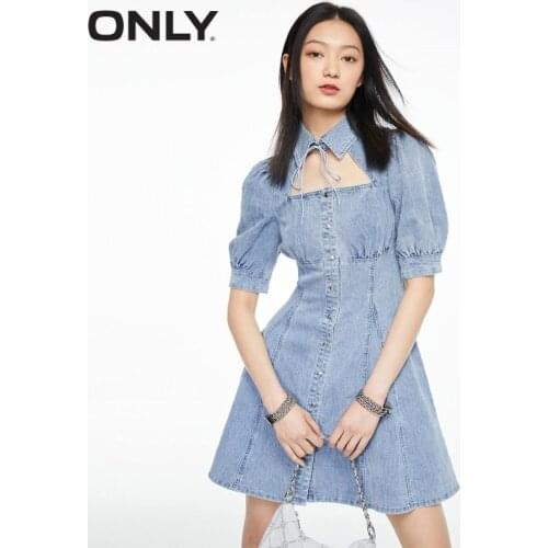 ONLY2021 autumn new slim puff sleeve hollow lace A-line denim dress women | 121242025
