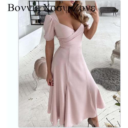 Summer Dress For Women 2021 Short Sleeve V neck Cutout Backless Ruched Casual Dress Mid-Calf Plain