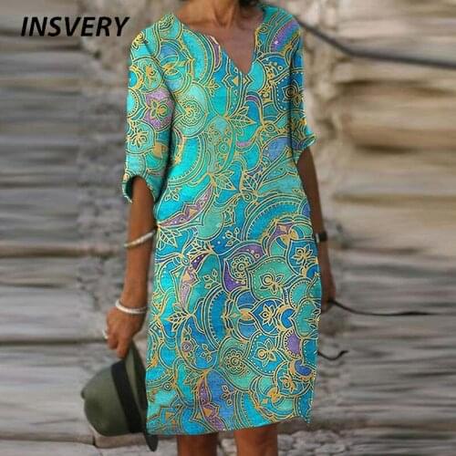 Women Party Dress Loose V Neck Vintage Print Summer Short Dress Boho Short Sleeve Casual Dresses For Women Plus Size Dress 2021