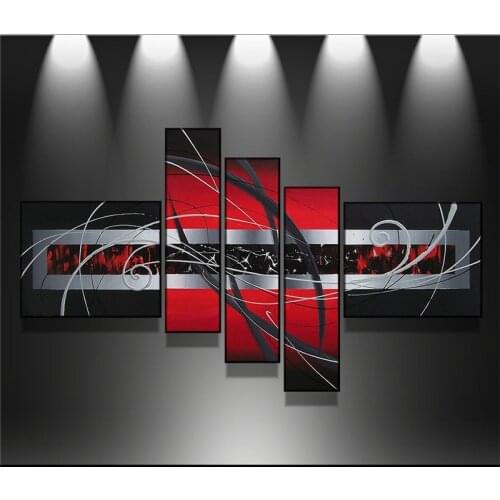 100%Hand-painted 5 Pieces Modern Red and Black Abstract Painting Picture on Canvas Line Wall Art For Home Decoration