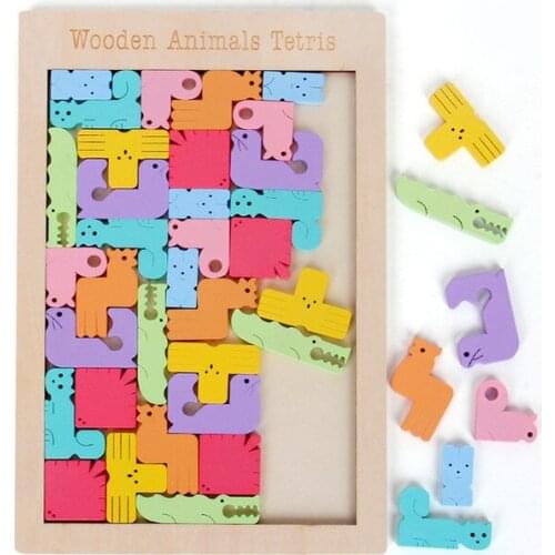 2021 Hot Sale Creative Animal Pattern 3D Wooden Puzzle Tangram Math Toys Pre-school Kids Intellectual Education Baby Toy Gift