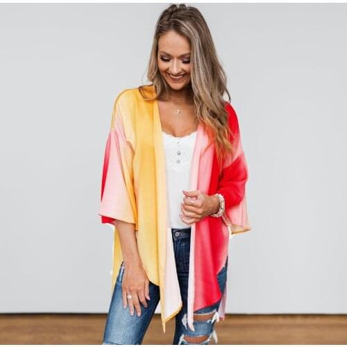 2021 Boho Gradient Print Chiffon Bathing Suit Cover-ups Plus Size Beach Wear Kimono Dress Women Summer Swimsuit Cover Up A823