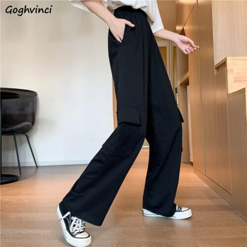 Cargo Pants Women Harajuku Multi-pockets Wide-leg Elastic Waist Baggy Casual Trousers BF All-match Slim Straight Streetwear Chic
