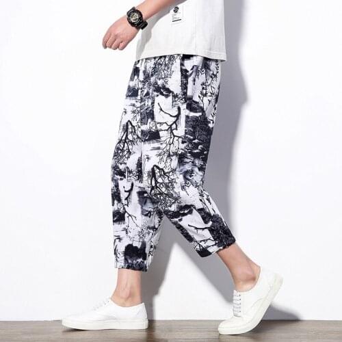 Spring Summer Mens Harem Pants Printed Floral Relaxed Breathable Samurai Trouser New F58