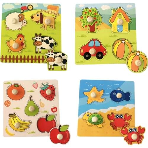 Kids Hand Grab Board 3D Puzzle Wooden Toys for Children Cartoon Animal Wood Jigsaw Toddler Baby Early Educational Learning Toy