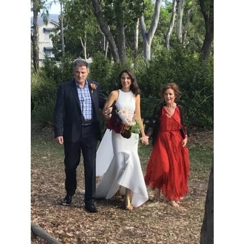 Elegant Satin Mermaid Wedding Dresses High Neck Sexy Backless Sweep Train Formal Bride Wedding Gowns Custom Made