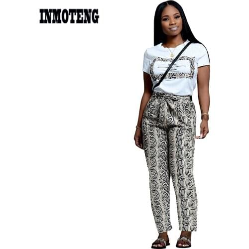 INMOTENG Fashion Snakeskin Print Casual Two Piece Set O Neck Short Sleeve Women T Shirt Top Bow Tie Pockets Long Pants Suits XL
