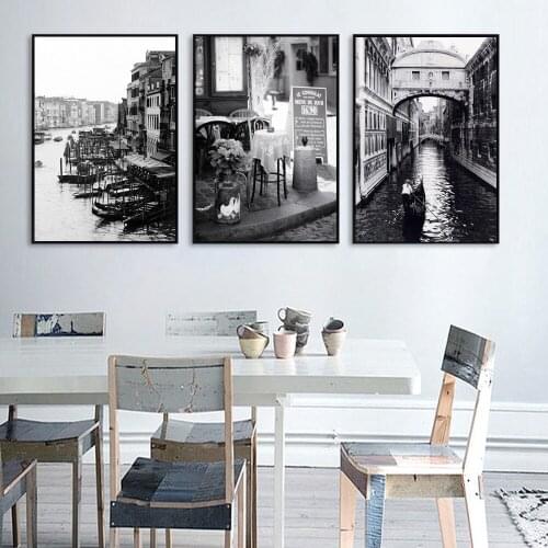 Italy Living Room Decoration Canvas Painting Black White Venice Town Ship In Lake Hotel Villa Cafe Decoration Painting Wall Art