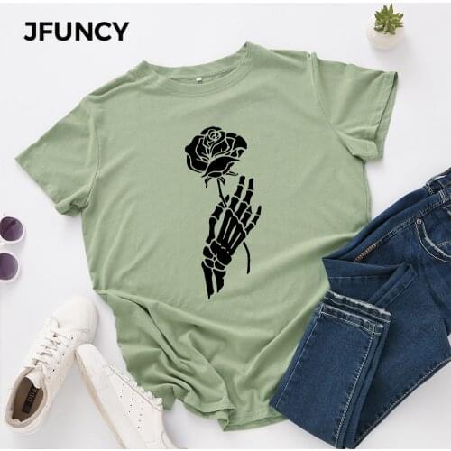 JFUNCY Halloween Skeleton Hand Women T-shirts Female Short Sleeve Tee Tops Woman Casual Tshirt 2020 Summer Cotton T Shirt