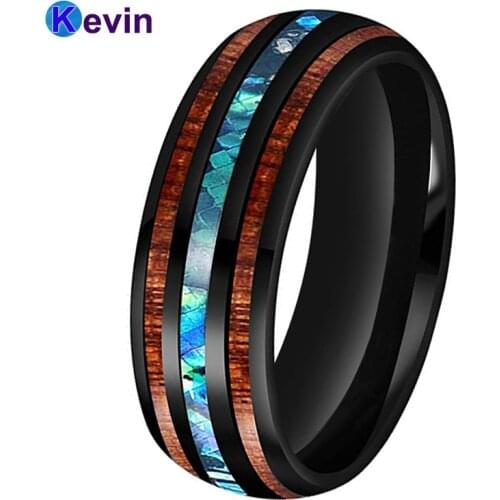 Men Women Black Wedding Bands Tungsten Ring Abalone Shell and Koa Wood Inlay Domed Shape Polished Shiny Width 8MM Comfort Fit