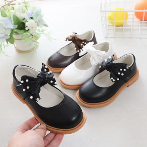 Girls Leather Shoes Children Casual Sneakers Princess Bow-knot Bowtie with Pearls Sweet Kids Dress Shoes Flats for Wedding Party