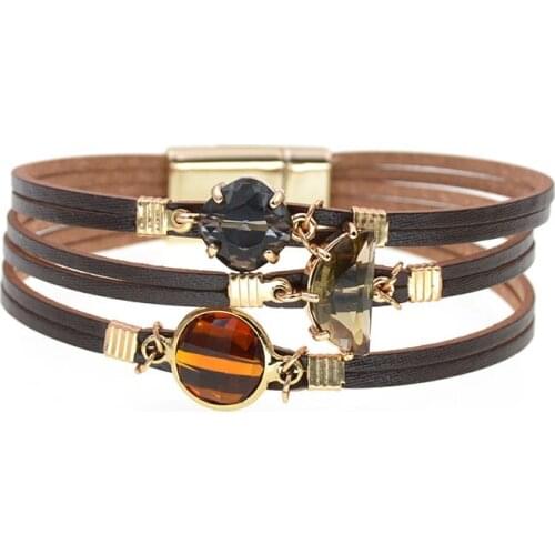 Magnetic Clasp charm Leather Bracelets For Women & Men Multiple Layers glass wrap Bracelets Couple gifts fashion Jewelry