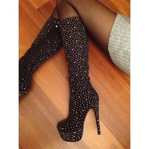 MKKHOU Fashion Knee-High Boots New Black High Boots Crystal Platform Stiletto 15cm High Heel Boots Winter Boots Large Size 35-47