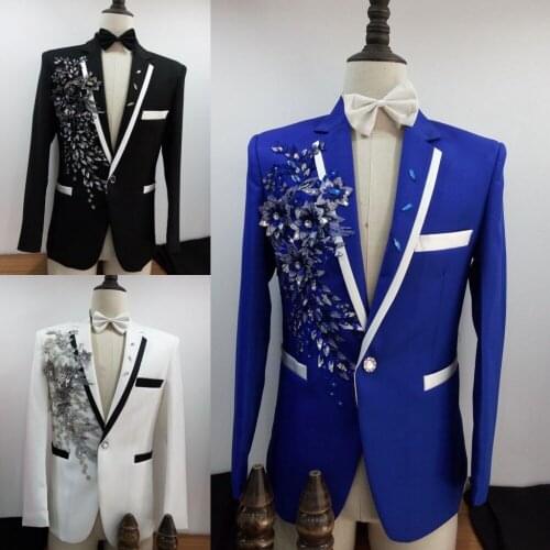Free shipping mens royal blue/black/white sequin flower beading embroidery tuxedo jacket/stage performancen this is only jacket