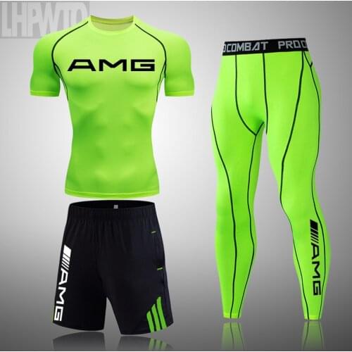 Brand New Man AMG Running Clothing Top Sports Gym Workout Short T-Shirt Compression Leggings Sweat Suits Summer Tracksuit Set