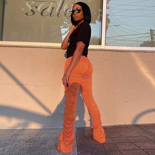 Orange Stacked Leggings Sweatpants for Women Female Skinny High Waist Ruffle Flare Pleated Pants Trousers Joggers Leggins