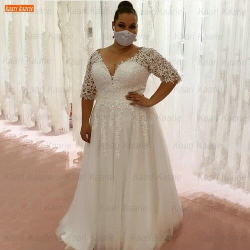 Sexy Plus Size Wedding Dress V Neck 2021 Lace Half Sleeves Tulle A Line Bride Dresses Long Bohemian Custom Made Vestido De Noiva