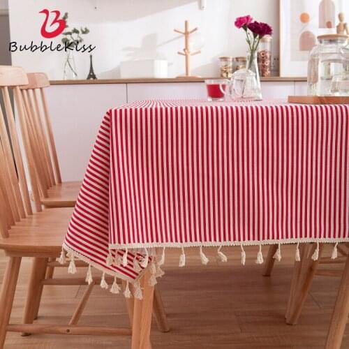 Bubble Kiss Anti Stain Tablecloth Home Cotton Linen Table Cover Red Stripe Pattern Coffee Table Mat Fashion Tablecloth For Table