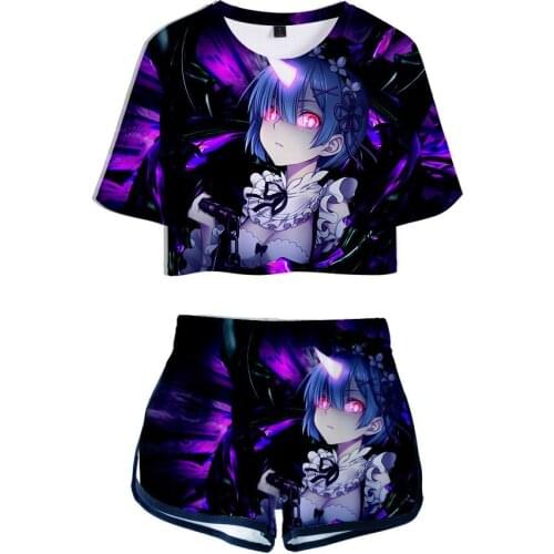 Re Zero Two Piece Set Summer Sexy 3D Printed T shirt Anime Rem and Ram Woman Suit Shorts Crop Top Fashion New Tops + Short Pants