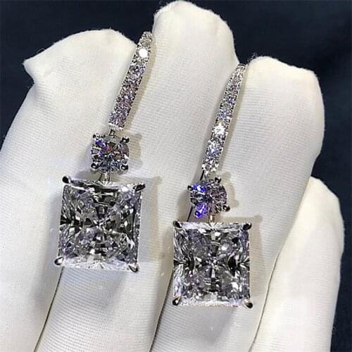 Sparkling Luxury Jewelry 925 Sterling Silver Princess Cut White AAAAA Zircon Pave CZ Dangle Earring Women Bridal Hook Earrings