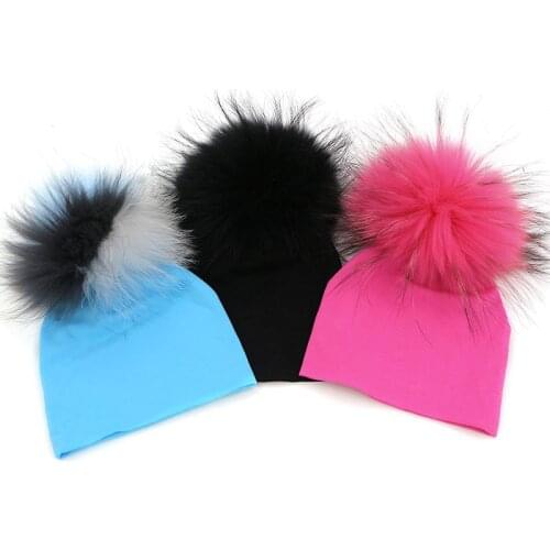 GZHilovingL 2 pcs 0-3 month Baby Girls Boys Cotton hat with Real Fur pompom Hat Set Spring Baby Solid Hat Fur Ball Hat Girls