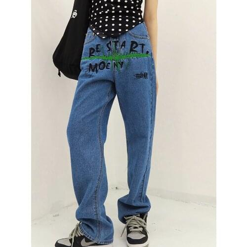Streetwear Women Loose Jeans Female Fashion Print Harajuku Zipper Pants Jeans for Ladies High Waisted Denim 2021 Jeans