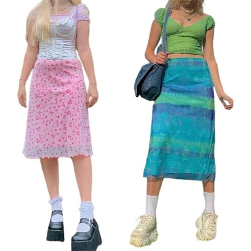 2021 New Women Summer Skirt, Full Floral/Stripes Elastic Middle Waist Knee-Length Semi-Dress for Girls, Pink/Blue