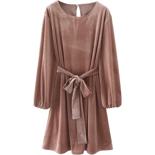 YENKYE Vintage Color Velvet Dress Women O Neck Long Sleeve Sashes Casual Loose Dress Female Autumn Short Vestido