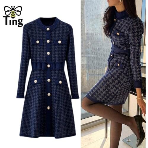 Tingfly Women Winter Autumn Knitted Dress Houndstooth Button Decor Skinny Lady A Line Dress Knitwear Casual Mini Short Vestidos