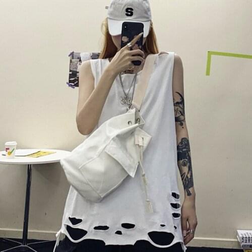 6026 Summer Vest Fashion Tide Ins Hip Hop Street Style Youth Personality All-Match Solid Color Ripped Loose Sleeveless Tank Tops