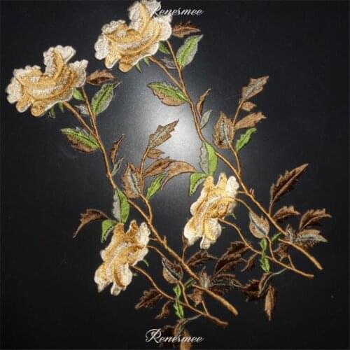 1Pc 13.5X23.5cm Yellow Rose Applique Clothing Embroidery Patch Fabric Sticker Iron On Patch Craft Sewing Repair SX78