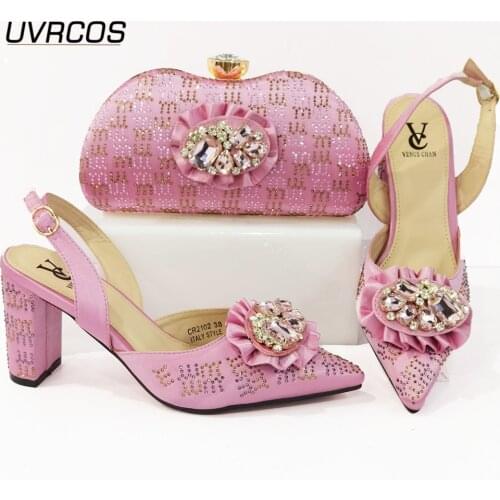African Lastest Italian Design 2021 Nigerian Hot Selling Fashion Classic Style Party Ladies Shoes and Bag Set in Pink Color