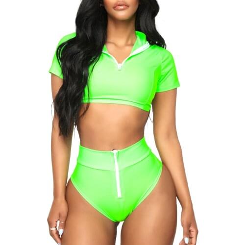 Bikini Brazilian Thong Bottom Bikini Set Sports Swimwear Zipper Green Short Sleeve High Waist Push up Sexy Bathing Suit
