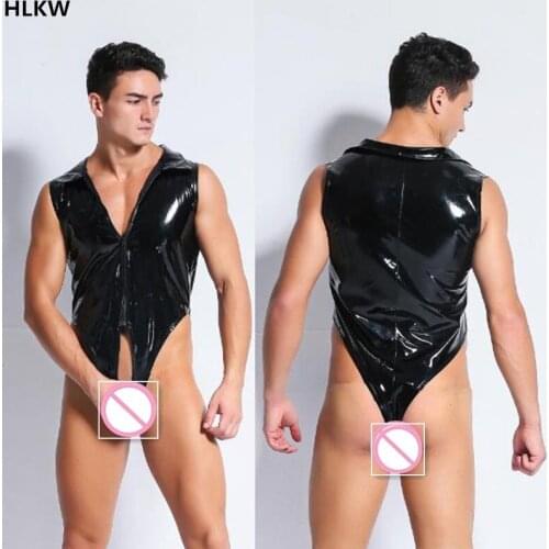 Hot Patent Leather Mens Sexy Long Sleeves Zipper Open Crotch Catsuit Boxer Shorts Leotard Jumpsuit Gay Male Mesh Splice Bodysuit