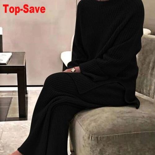 Sexy Solid Knitted Ribbed Loose Two Piece Set Pullover Sweater Tracksuit Women High Waist Wide Leg Pants Ladies Suit 2 Piece Set