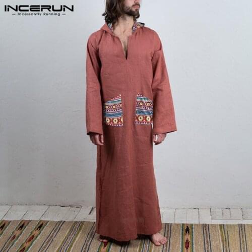 INCERUN Muslim Men Jubba Thobe Cotton Long Sleeve Islamic Arab Kaftan Hooded Print Patchwork Robes Saudi Arabia Dubai Men Caftan