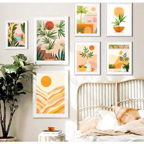 Boho Bamboo Vase Sun Mountain Tropical Wall Art Canvas Painting Nordic Posters And Prints Wall Pictures For Living Room Decor