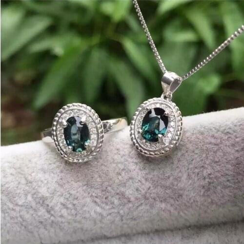 Natural sapphire jewelry set Natural real sapphire 925 sterling silver 1pc pendant,1pc ring 5*7mm