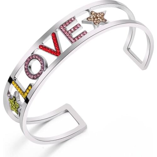 Stainless Steel LOVE Letter Star Cuff Bangle Bracelet Gold Colorful Crystal Bangle For Women Party Wedding Trendy Jewelry Gifts